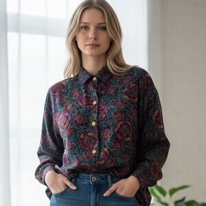 Basic Editions 90's Moody Floral Print Blouse with Gold Metal Buttons